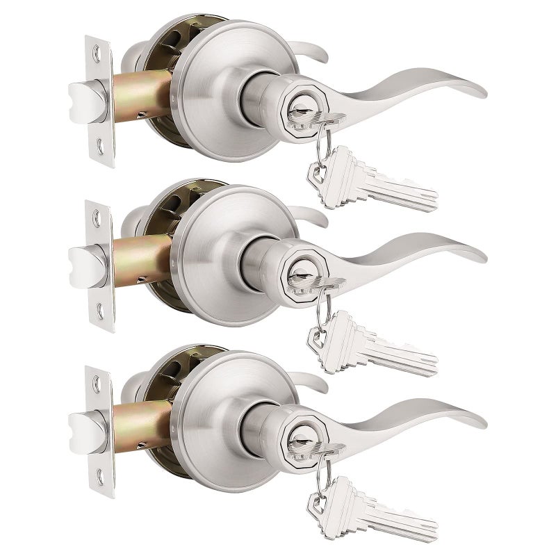 Probrico (3 Pack Entry Door Lever [Lock with 3 Keys],Locking Door Handle Set for Office or Front Door,Satin Nickel Finish Wave Entrance Door Lock with Key, Reversible Right & Left Side Handed - Image 1